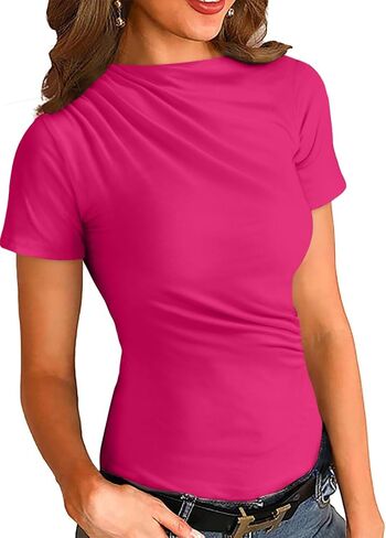 قمصان LOLONG النسائية قصيرة الأكمام صيفية كاجوال أساسية مكشكشة ورقبة قارب ضيقة in Kuwait