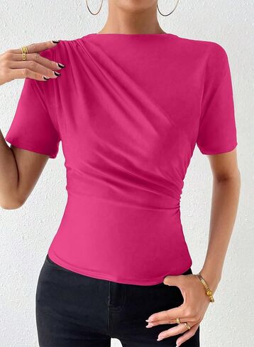 قمصان LOLONG النسائية قصيرة الأكمام صيفية كاجوال أساسية مكشكشة ورقبة قارب ضيقة in Kuwait