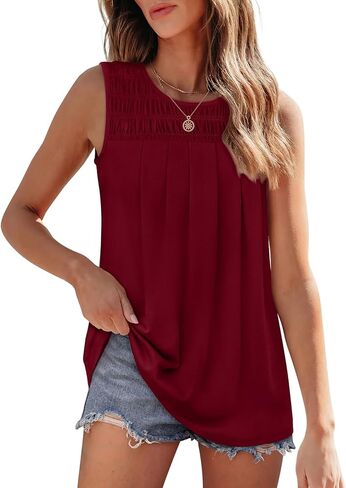 OFEEFAN Womens Tank Tops Summer Pleated Crew Neck Sleeveless Tops for Women Ruched Loose in Kuwait