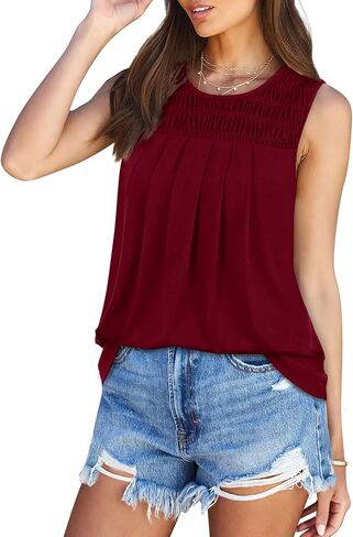 OFEEFAN Womens Tank Tops Summer Pleated Crew Neck Sleeveless Tops for Women Ruched Loose in Kuwait