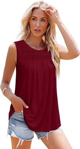 OFEEFAN Womens Tank Tops Summer Pleated Crew Neck Sleeveless Tops for Women Ruched Loose in Kuwait