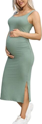 Ecavus المرأة الضلع متماسكة بلا أكمام فستان الأمومة الجانب سبليت Bodycon تانك فستان Ruched ملابس الحمل in Kuwait