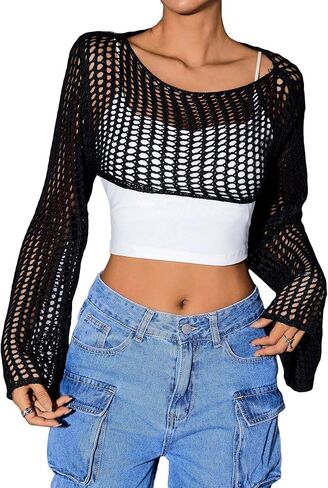 COZYEASE Women's Crochet Top Long Sleeve Hollow Out Crop Tops Knit Shrug Sweater Y2K Top in Saudi Arabia