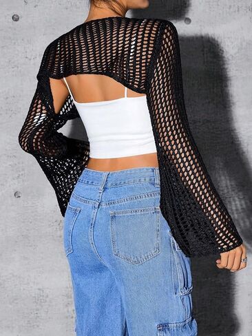 COZYEASE Women's Crochet Top Long Sleeve Hollow Out Crop Tops Knit Shrug Sweater Y2K Top in Saudi Arabia