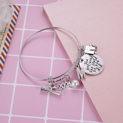 Class of 2024 Graduation Gift - Senior 2024 Graduate Bracelet - Inspirational Graduation Gifts for Her - 26 Initial Charm Bracelets for College High School Girls in Kuwait