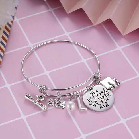 Class of 2024 Graduation Gift - Senior 2024 Graduate Bracelet - Inspirational Graduation Gifts for Her - 26 Initial Charm Bracelets for College High School Girls in Saudi Arabia