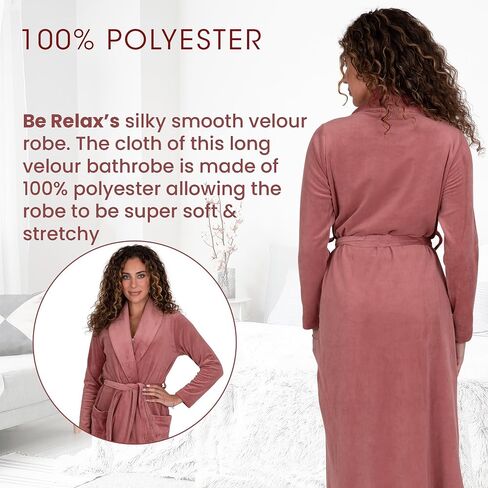 Be Relax Terry Velour Robe - Made of Polyester, Shawl Collar Robe with Belt & Side Pockets, Soft & Warm Bathrobe for Women in Kuwait