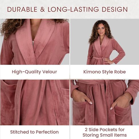 Be Relax Terry Velour Robe - Made of Polyester, Shawl Collar Robe with Belt & Side Pockets, Soft & Warm Bathrobe for Women in Kuwait