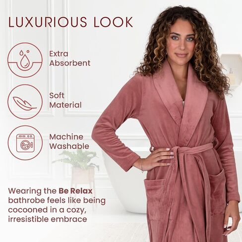 Be Relax Terry Velour Robe - Made of Polyester, Shawl Collar Robe with Belt & Side Pockets, Soft & Warm Bathrobe for Women in Kuwait