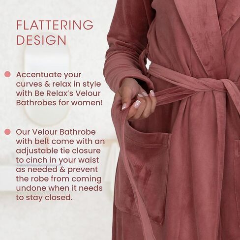 Be Relax Terry Velour Robe - Made of Polyester, Shawl Collar Robe with Belt & Side Pockets, Soft & Warm Bathrobe for Women in Kuwait