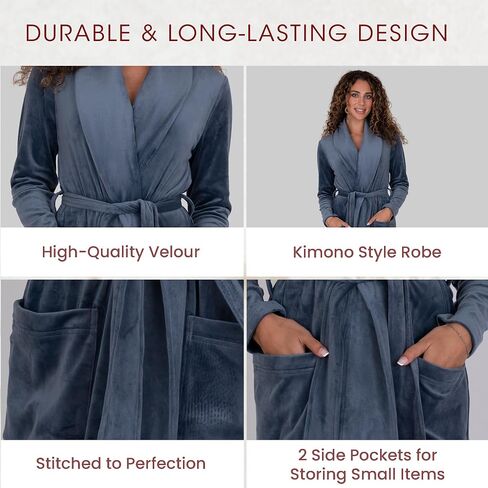 Be Relax Terry Velour Robe - Made of Polyester, Shawl Collar Robe with Belt & Side Pockets, Soft & Warm Bathrobe for Women in Kuwait