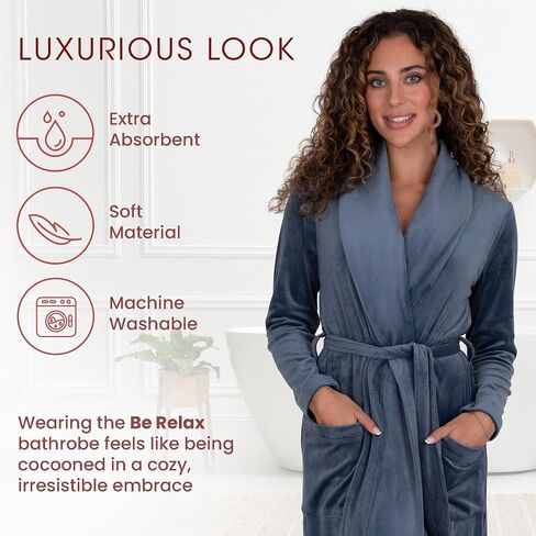 Be Relax Terry Velour Robe - Made of Polyester, Shawl Collar Robe with Belt & Side Pockets, Soft & Warm Bathrobe for Women in Kuwait