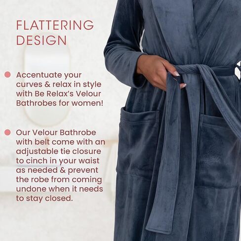 Be Relax Terry Velour Robe - Made of Polyester, Shawl Collar Robe with Belt & Side Pockets, Soft & Warm Bathrobe for Women in Kuwait