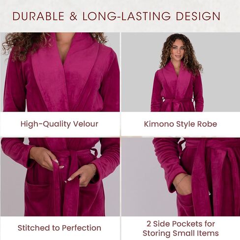 Be Relax Terry Velour Robe - Made of Polyester, Shawl Collar Robe with Belt & Side Pockets, Soft & Warm Bathrobe for Women in Saudi Arabia