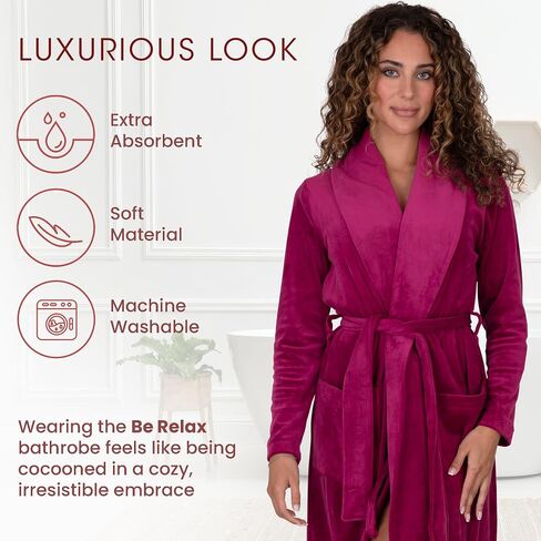 Be Relax Terry Velour Robe - Made of Polyester, Shawl Collar Robe with Belt & Side Pockets, Soft & Warm Bathrobe for Women in Saudi Arabia