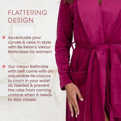 Be Relax Terry Velour Robe - Made of Polyester, Shawl Collar Robe with Belt & Side Pockets, Soft & Warm Bathrobe for Women in Saudi Arabia