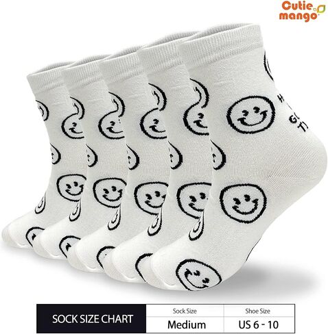 جوارب نسائية ربع أنيقة من CUTIE MANGO، نمط ابتسامة لطيف، تصميم ممتع ومبتكر، جوارب قطنية ناعمة، مجموعة من 5 قطع in Saudi Arabia