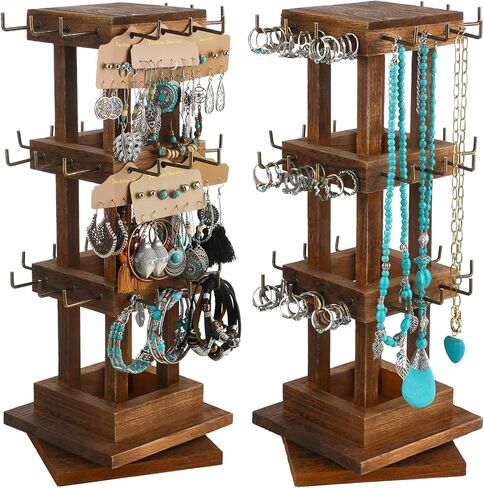 2 Pcs Wood Rotating Jewelry Stand Wooden Rotating Jewelry Tower Necklace Holder Stand Earring Rack Display Jewelry Holder Organizer with 36 Removable Metal Hook for Bracelet Store Vendors in Saudi Arabia