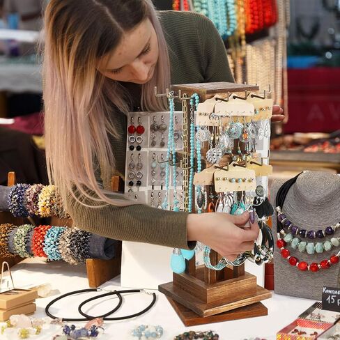 2 Pcs Wood Rotating Jewelry Stand Wooden Rotating Jewelry Tower Necklace Holder Stand Earring Rack Display Jewelry Holder Organizer with 36 Removable Metal Hook for Bracelet Store Vendors in Saudi Arabia