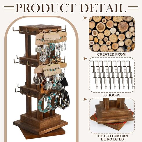 2 Pcs Wood Rotating Jewelry Stand Wooden Rotating Jewelry Tower Necklace Holder Stand Earring Rack Display Jewelry Holder Organizer with 36 Removable Metal Hook for Bracelet Store Vendors in Saudi Arabia