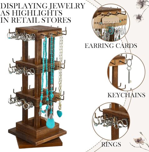 2 Pcs Wood Rotating Jewelry Stand Wooden Rotating Jewelry Tower Necklace Holder Stand Earring Rack Display Jewelry Holder Organizer with 36 Removable Metal Hook for Bracelet Store Vendors in Saudi Arabia