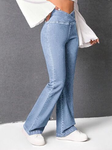 LifeShe Women's Crossover Flare Jeans Casual Bell Bottom High Waist Bootcut Denim Pants in Saudi Arabia