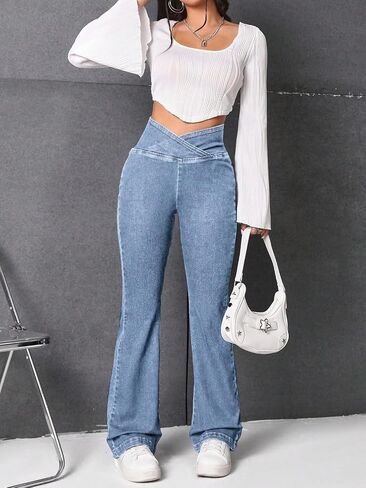 LifeShe Women's Crossover Flare Jeans Casual Bell Bottom High Waist Bootcut Denim Pants in Saudi Arabia