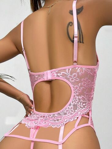 COZYEASE Women's 4 Piece Lingerie Set Floral Lace Mesh Lace Up Garter Teddy Babydoll Lingerie with 1pair Leg Ring in Saudi Arabia