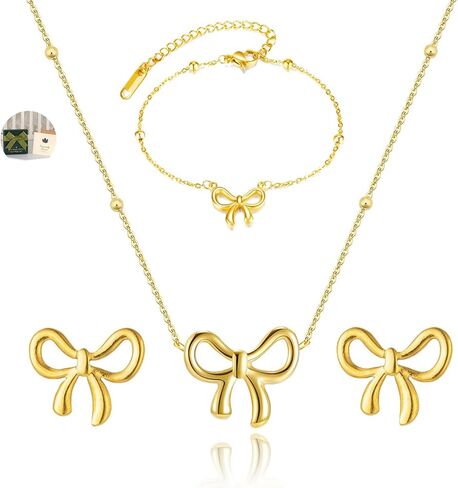 ZRU Gold Bow Earrings Necklace Bracelet Jewelry Set for Women-Ribbon Bowknot Stud Earrings Pendant Choker Necklace Bracelet 18K Gold Plated Bow Valentines Gifts Fashion Jewelry for Her in Kuwait