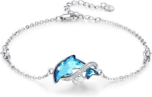 كونبو سوار دولفين من الفضة الاسترلينية عيار 925 والكريستال الازرق بتصميم دولفين المحيط، مجوهرات للشاطئ، هدايا للنساء والفتيات والامهات واعياد الميلاد والعطلات والكريسماس in Kuwait