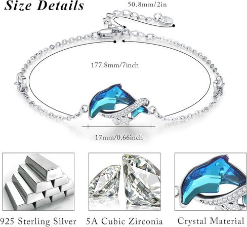 كونبو سوار دولفين من الفضة الاسترلينية عيار 925 والكريستال الازرق بتصميم دولفين المحيط، مجوهرات للشاطئ، هدايا للنساء والفتيات والامهات واعياد الميلاد والعطلات والكريسماس in Kuwait