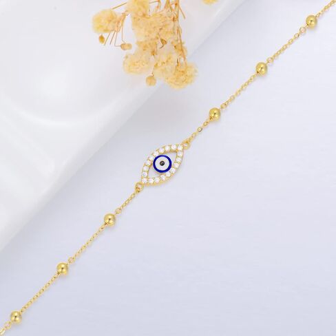 أساور عين الشر من الذهب عيار 14 قيراط للنساء سوار من الذهب الصلب مع زركونيا مكعب 5A، 6.5 بوصة - 8.5 بوصة in Kuwait