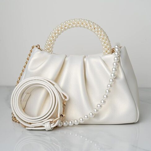 Women's Elegant Pearl Handbag Pleated Design Crossbody Purse Wedding Prom Bride Clutch Purse With Pearl Chain in Saudi Arabia