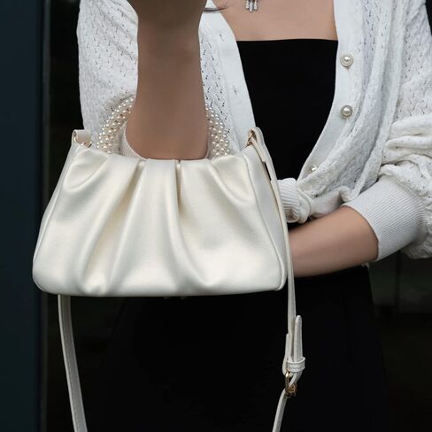 Women's Elegant Pearl Handbag Pleated Design Crossbody Purse Wedding Prom Bride Clutch Purse With Pearl Chain in Saudi Arabia