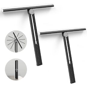 Shower Squeegee 2 Packs for Glass Doors, All-Purpose 360° Rotating Black Silicone Scraper Cleaner Tool for Tile, Walls, Mirror, Car Window, Countertop, Bathroom, 11 Inches