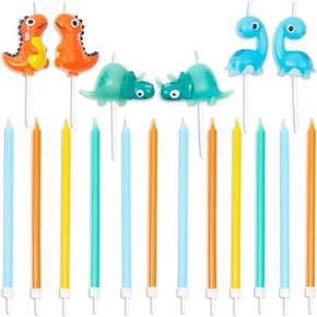 BLUE PANDA - 3D Dinosaur Cake Topper with Thin Candles in Holders (18-Pack)