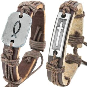 Leather Christian Bracelets for Men and Teenage Boys, Religious Gifts with a Cross and Sign Of The Fish