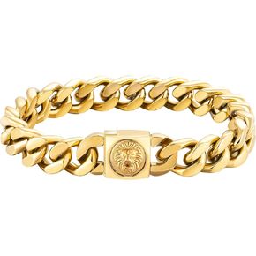 KRKC&CO 12mm Mens Cuban Link Bracelet, 18k Gold Plated Miami Thick Bracelet, Lion, Skulls Square Clasp, Durable Anti-tarnish Urban Street-wear Hip Hop Jewelry for Boys Him