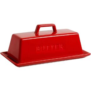 Butter Dish with Lid, Butter Keeper Porcelain,7" Butter Dishes-Dishwasher Safe, Ceramic Butter Dish with Handle Design for Countertop (Red)