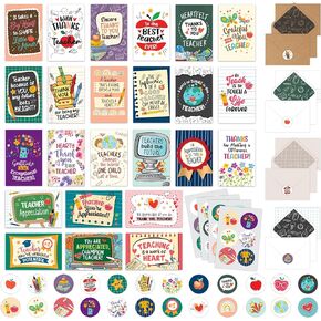 Decorably 24 Pack 4x6in Teacher Thank You Cards for Teachers with Envelopes and Stickers - 24 Unique Designs Teacher Appreciation Cards with Printed Message Inside