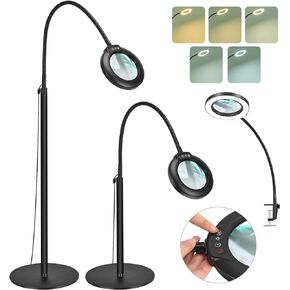 10X Magnifying Floor Lamp with Light, 24" Flexible Gooseneck Standing Magnifying Glass, 3-in-1 LED 5 Color Modes Stepless Dimmable Lighted Magnifier Lamp Hands-Free for Close Work, Reading