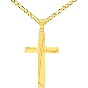 Solid 14K Yellow Gold Elegant Religious Plain Cross Pendant with Figaro Chain Necklace