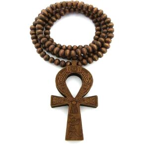 Egyptian Ankh Cross Pendant 6mm 27" Stretchable Wooden Bead Necklace (3 Colors Available)