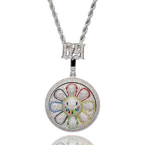 ICEDIAMOND 14K Full CZ Diamond Spin-Up Daisy Painted Rotating Pendant Crazy Chain Necklace, Gold Plated Iced Out Bling Zirconia Hip Hop Charm Jewelry for Men Women