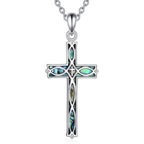 YAFEINI Religious Cross Pendant Necklace Sterling Silver Abalone Shell Cross Pendant Gifts for Women Men Jewelry