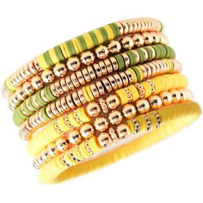Caiyao Boho 7Pcs Pink Disc Colorful Heishi Surfer Bracelets Set for Women Stackable Clay Bead Ploymer Gold Beaded Stretch Bracelets Summer Beach Layering Friendship Black Bracelets Girls Teen Jewelry