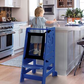 TOETOL Bamboo Toddler Kitchen Stool for Kids Step Stool - White Little Helper Tower Adjustable Height with Learning Black & White Activity Board
