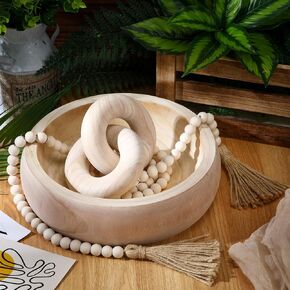 Hushee 3 Pcs Wood Decor Set Include Wood Fruit Bowl Wooden Beads Garland with Tassels Wood Knot Decor Wood Chain Link Decor Wood Serving Bowl Farmhouse Beads for Home Room Table Rustic Decorations