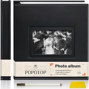 Popotop Photo Album Self Adhesive Scrapbook for 4x6 5x7 8x10 photos for Wedding Gifts & Baby Book, Leather Hardcover DIY Memory Book for Anniversary Family with Postcard, with A Scraper & Metallic Pen