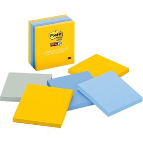 Post-it Super Sticky Notes, 3x3 in, 5 Pads, 2x the Sticking Power, New York Collection (Blue, Gray, Yellow) Recyclable (654-5SSNY)
